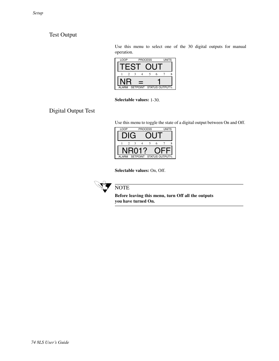 Test output, Digital output test, Test out nr = 1 | Dig out nr01? off | Watlow 8LS Controller User Manual | Page 82 / 140