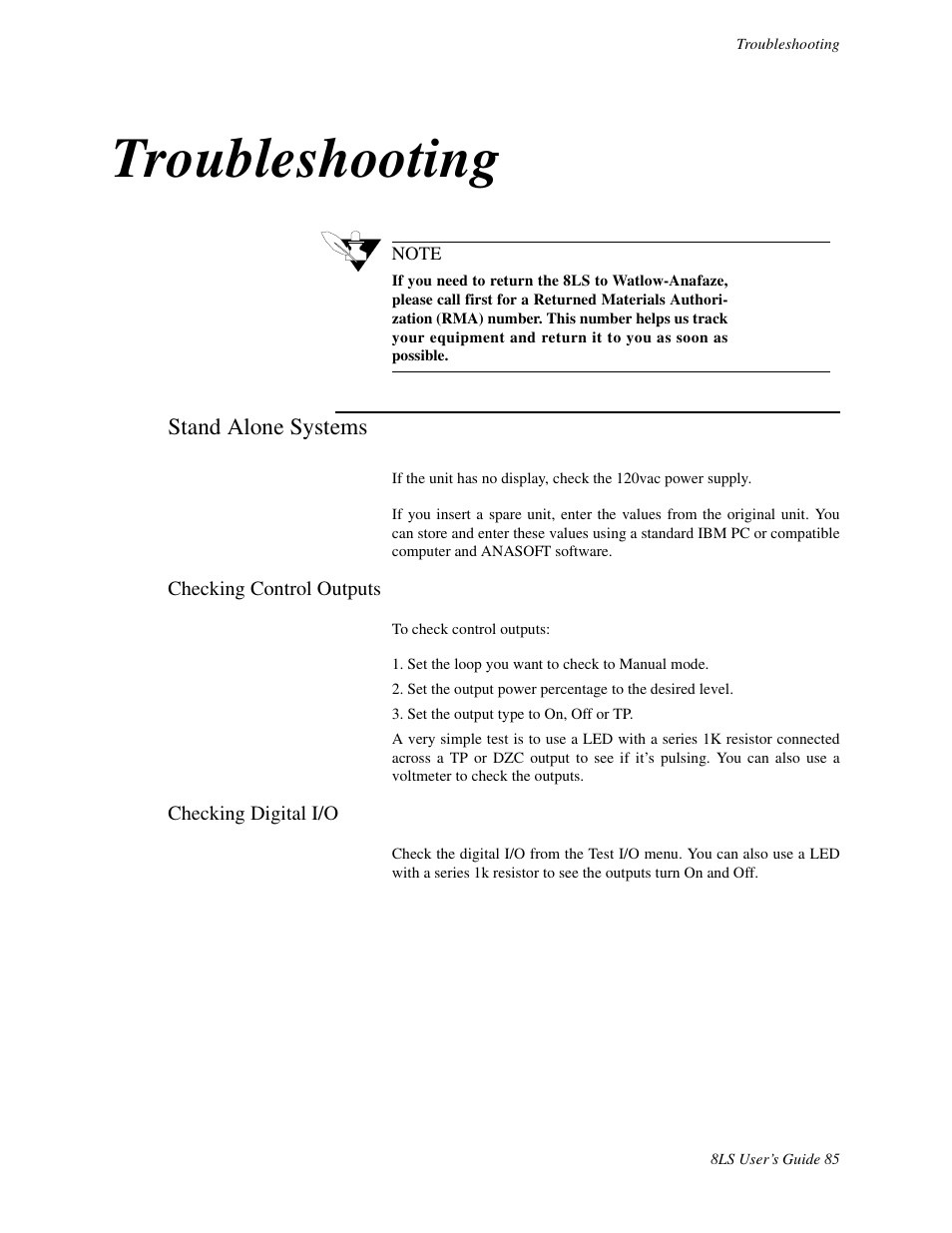 Troubleshooting, Stand alone systems, Checking control outputs | Checking digital i/o | Watlow 8LS Controller User Manual | Page 93 / 140