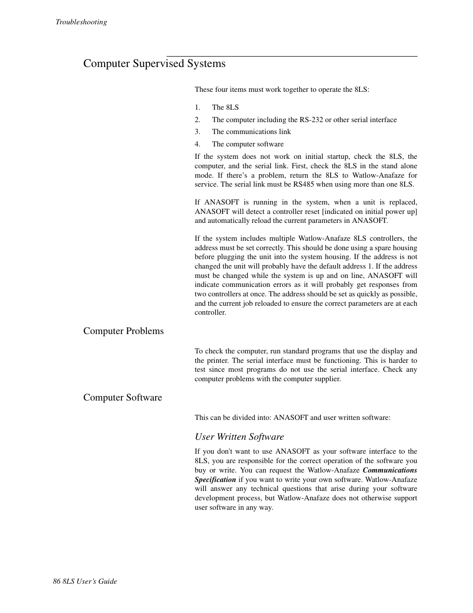 Computer supervised systems, Computer problems, Computer software | User written software | Watlow 8LS Controller User Manual | Page 94 / 140