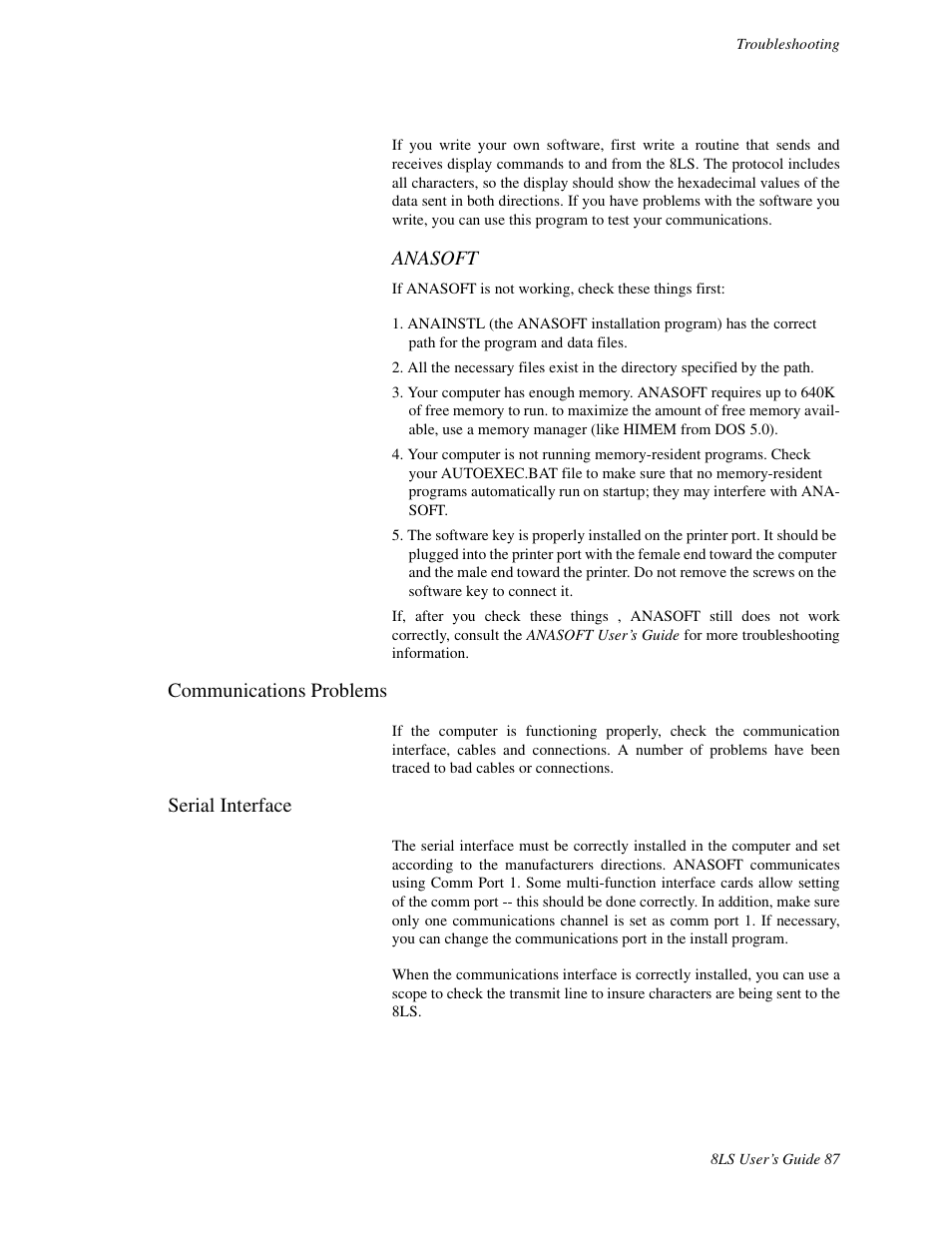Communications problems, Serial interface, Anasoft | Watlow 8LS Controller User Manual | Page 95 / 140