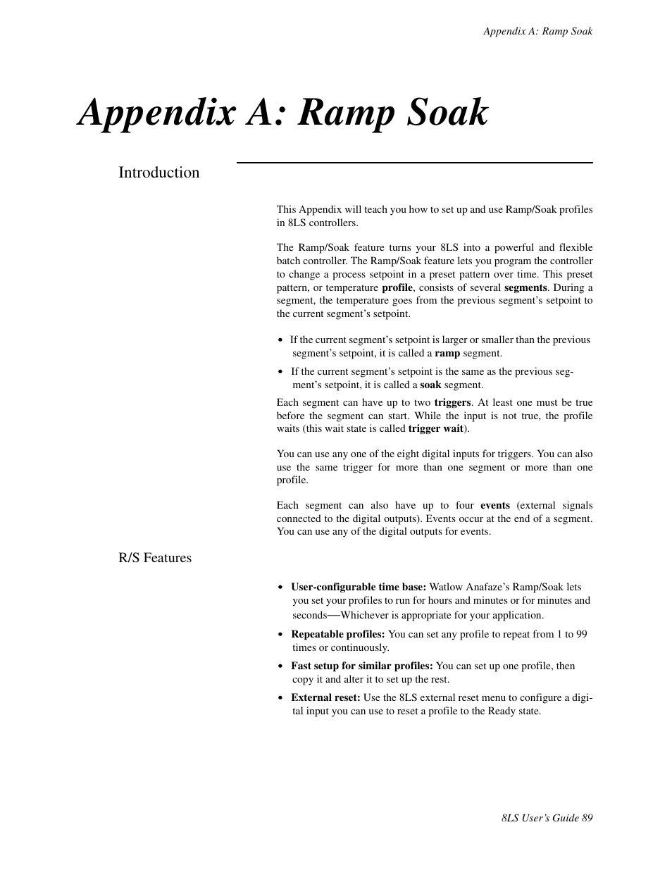 Appendix a: ramp soak, Introduction, R/s features | Watlow 8LS Controller User Manual | Page 97 / 140