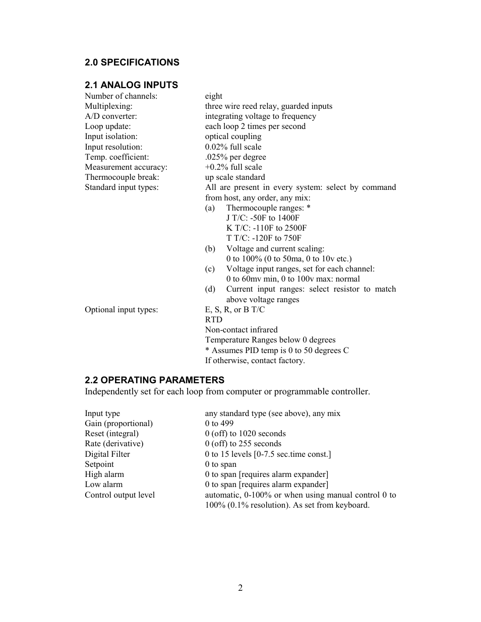 0 specifications, 1 analog inputs, 2 operating parameters | Watlow 8PID Controller User Manual | Page 7 / 55