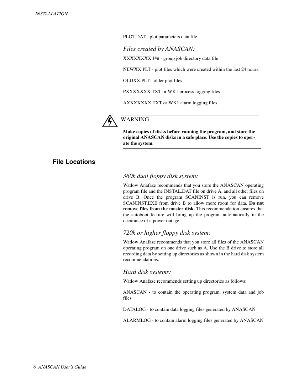 File locations, Files created by anascan, File locations 360k dual floppy disk system | 720k or higher floppy disk system, Hard disk systems | Watlow ANASCAN User Manual | Page 14 / 62