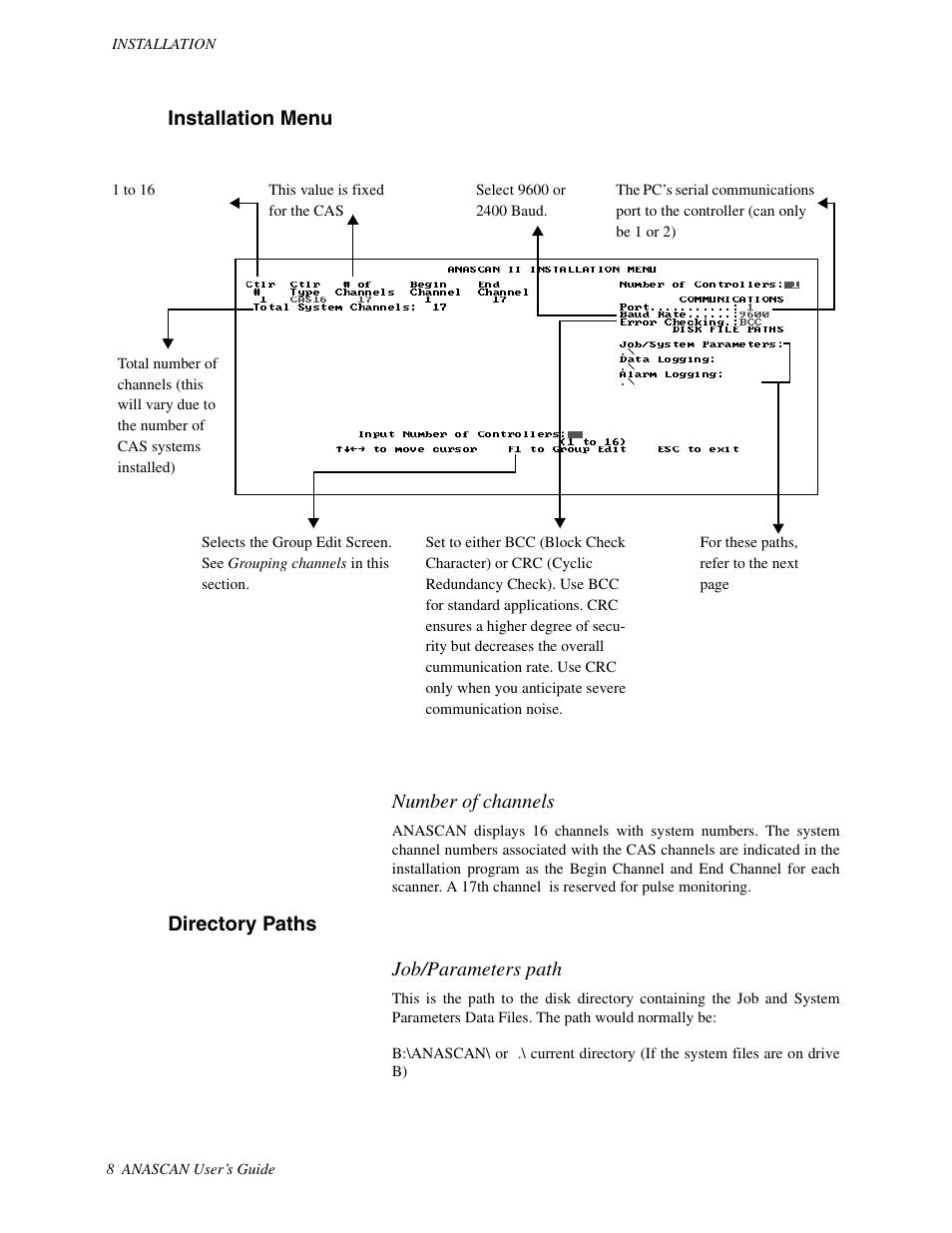 Installation menu, Directory paths, Installation menu number of channels | Directory paths job/parameters path | Watlow ANASCAN User Manual | Page 16 / 62