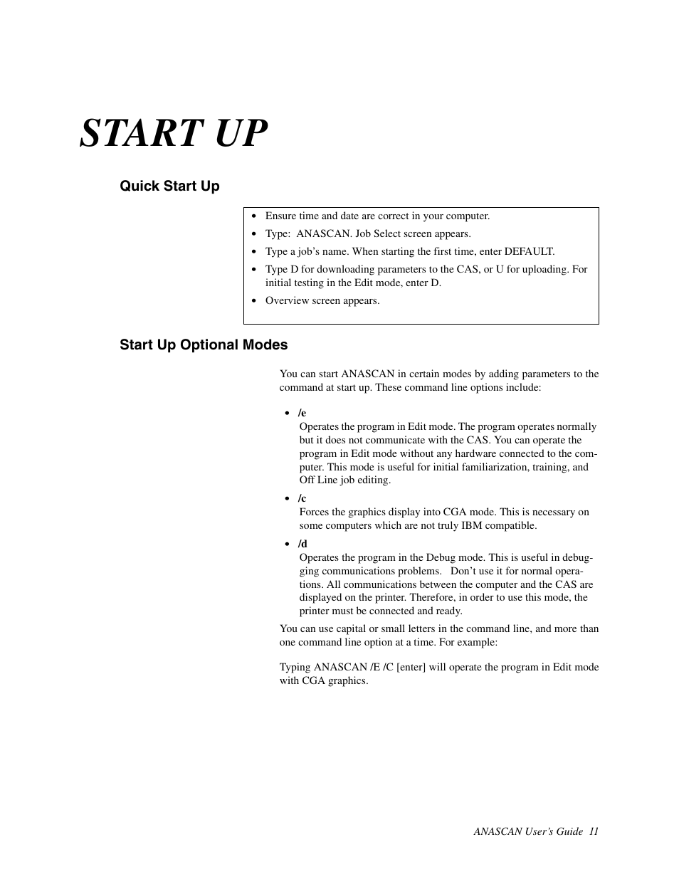 Start up, Quick start up, Start up optional modes | Watlow ANASCAN User Manual | Page 19 / 62