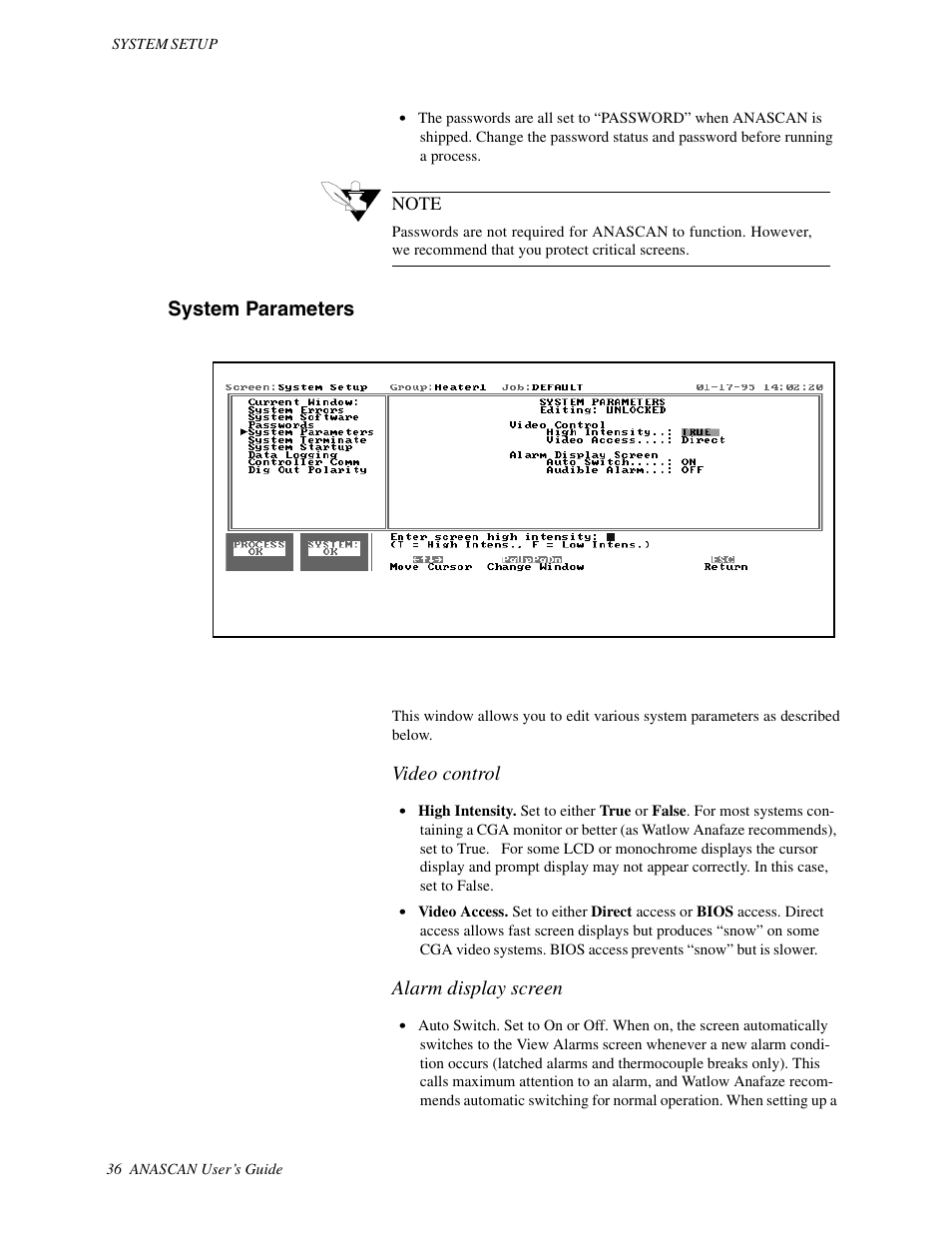 System parameters, Video control, Alarm display screen | Watlow ANASCAN User Manual | Page 44 / 62