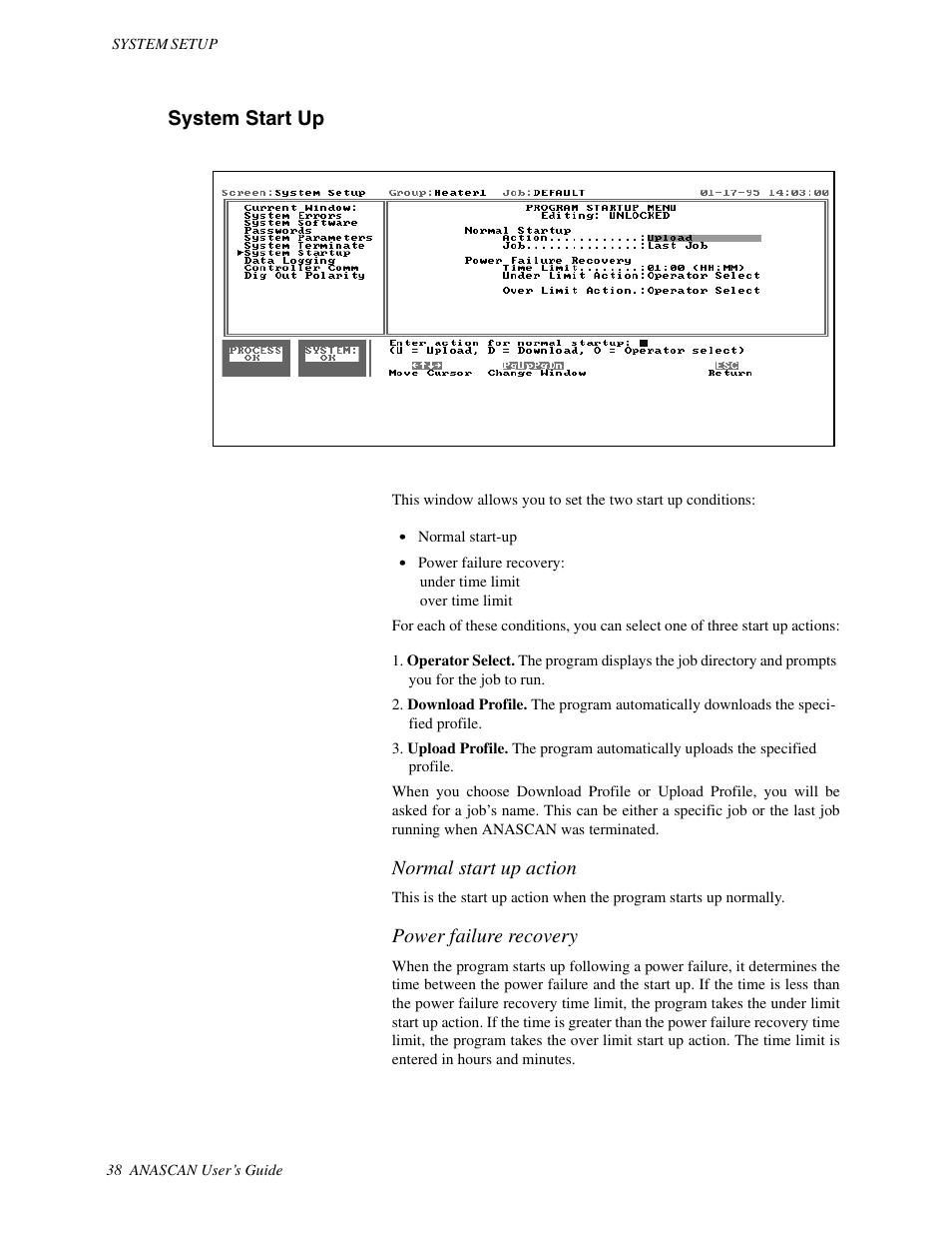 System start up, Normal start up action, Power failure recovery | Watlow ANASCAN User Manual | Page 46 / 62