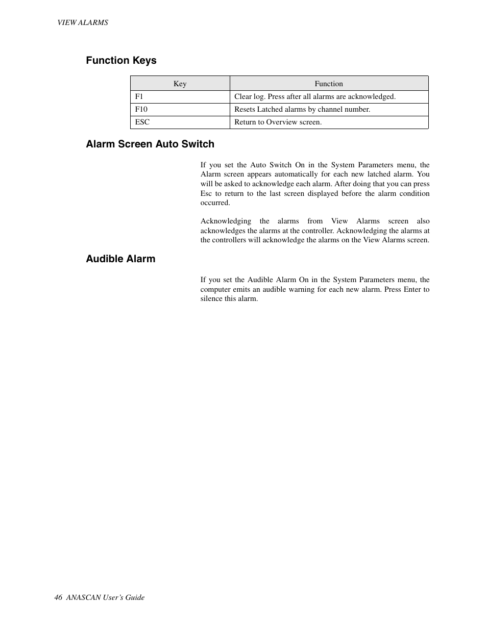 Function keys, Alarm screen auto switch, Audible alarm | Function keys alarm screen auto switch | Watlow ANASCAN User Manual | Page 54 / 62