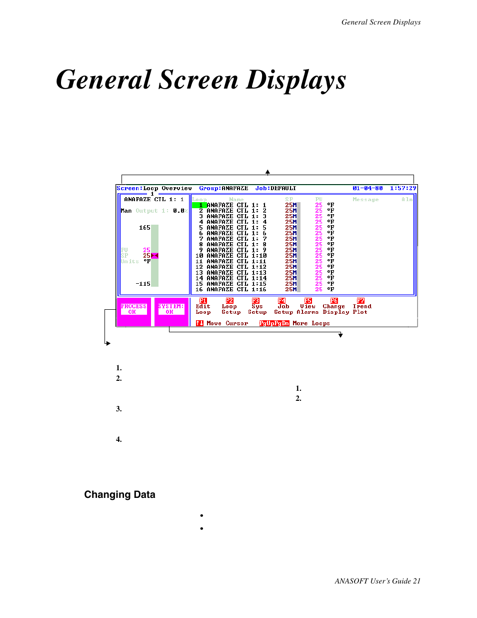 General screen displays, Changing data | Watlow ANASOFT User Manual | Page 31 / 95