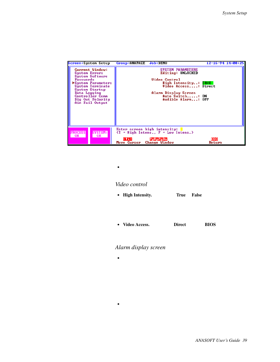 System parameters, Video control, Alarm display screen | Watlow ANASOFT User Manual | Page 49 / 95