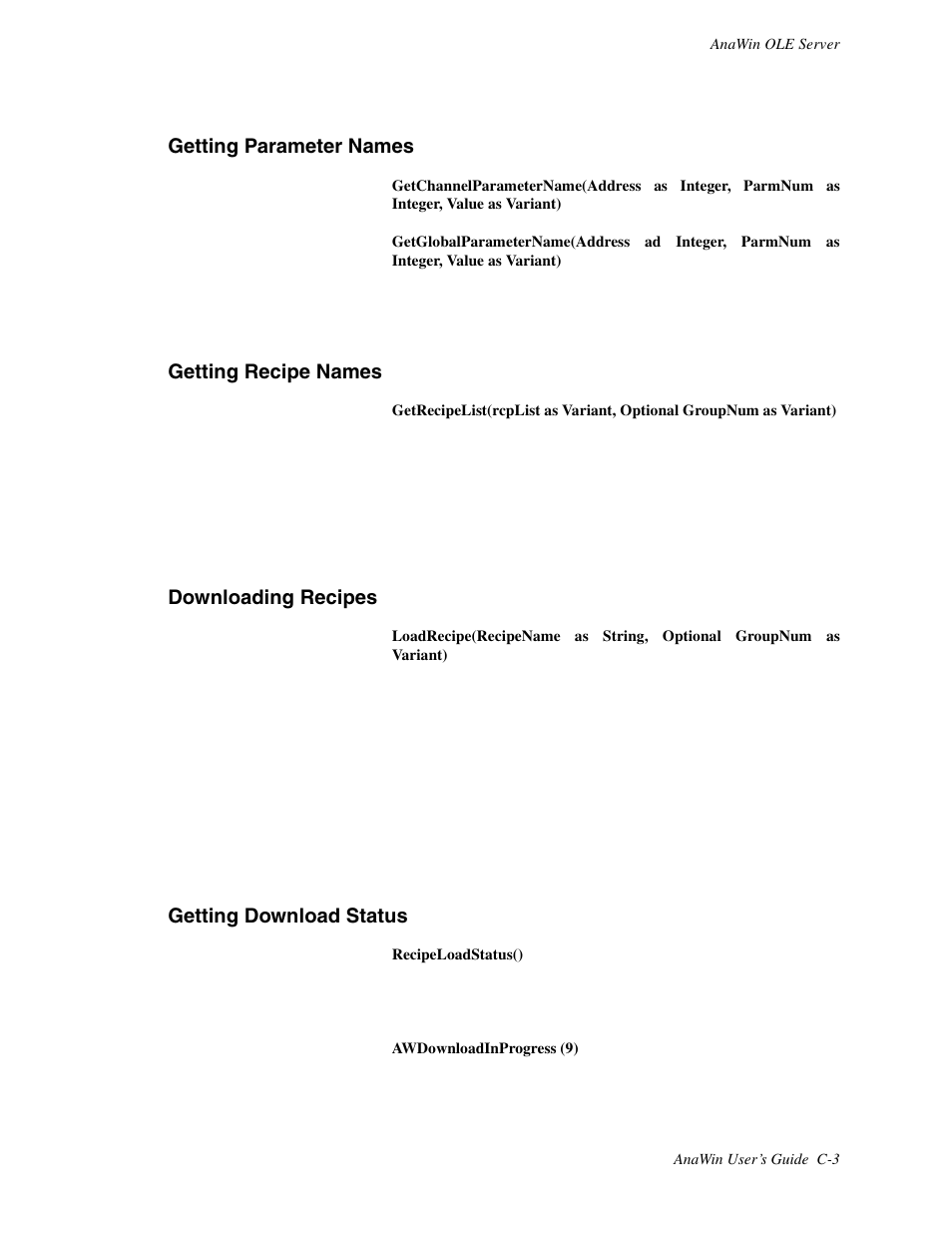 Getting parameter names, Getting recipe names, Downloading recipes | Getting download status | Watlow ANAWIN 2 User Manual | Page 135 / 154