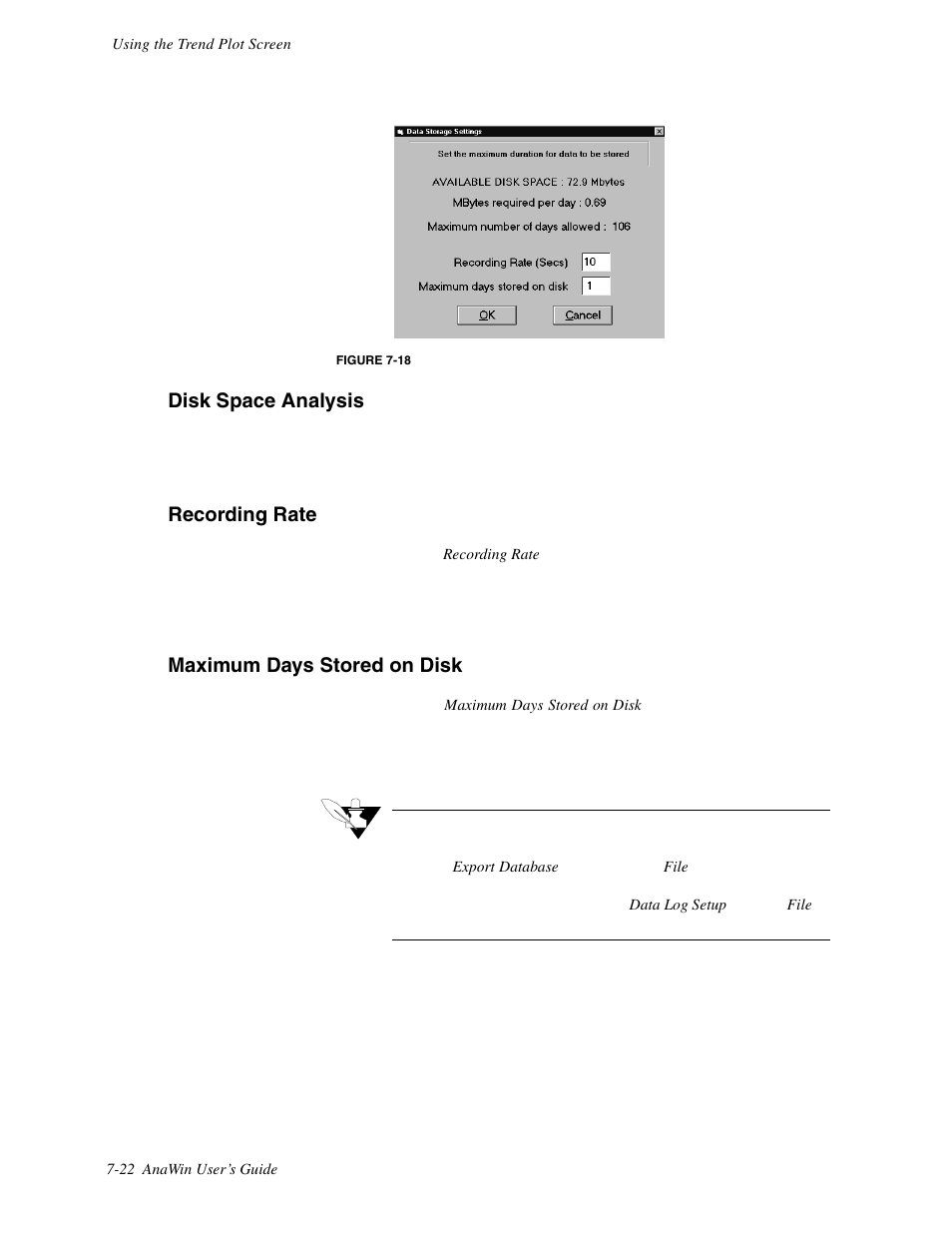 Disk space analysis, Recording rate, Maximum days stored on disk | Watlow ANAWIN 2 User Manual | Page 84 / 154