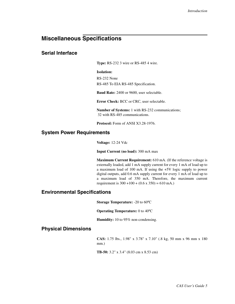 Miscellaneous specifications, Serial interface, System power requirements | Environmental specifications, Physical dimentions, Physical dimensions | Watlow CAS User Manual | Page 15 / 98