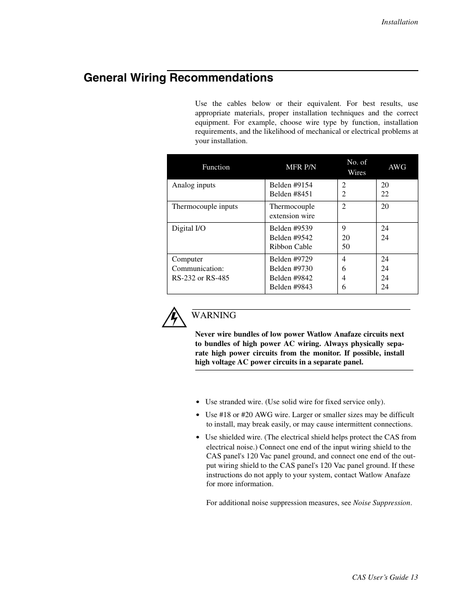 General wiring recomendations, General wiring recommendations | Watlow CAS User Manual | Page 23 / 98