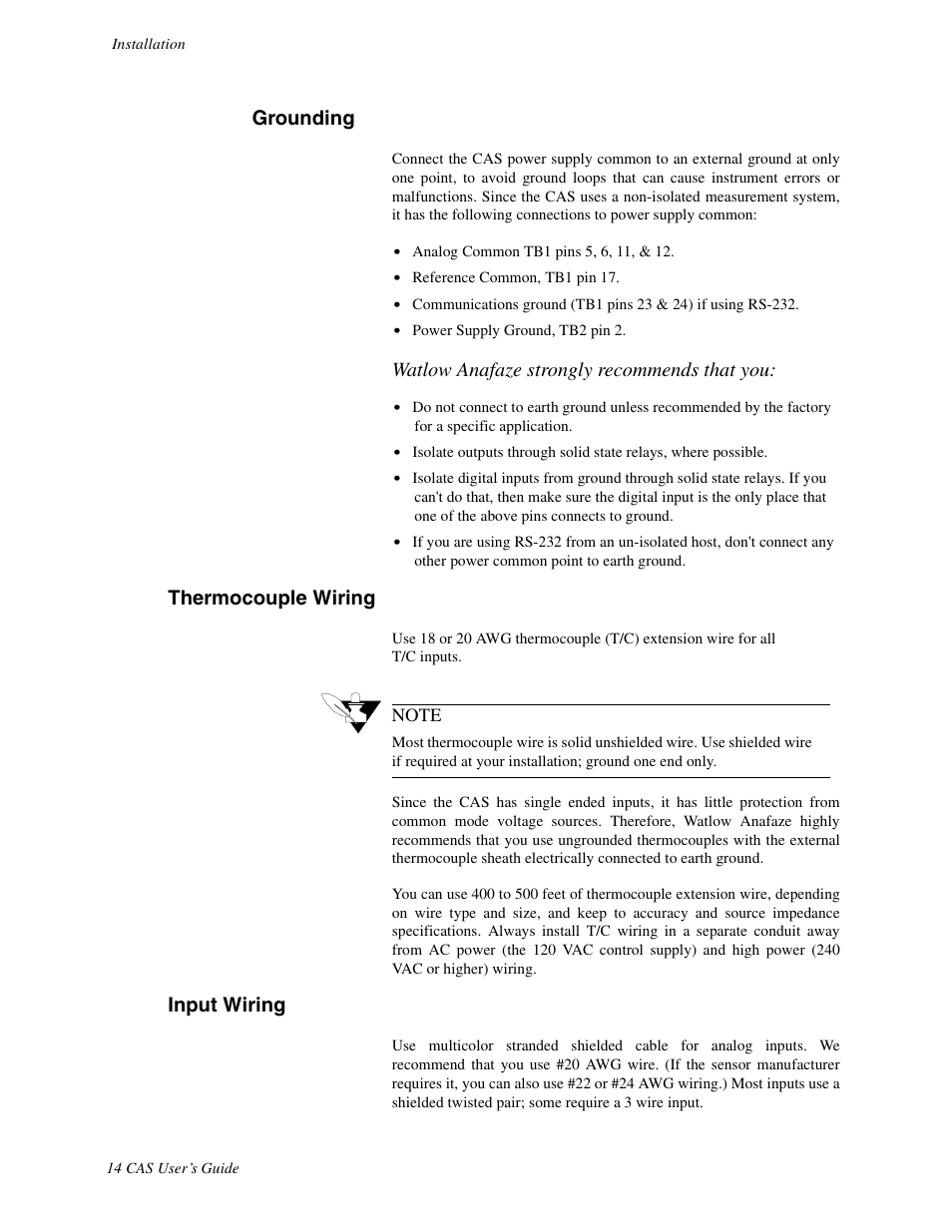 Grounding, Thermocouple wiring, Input wiring | Watlow anafaze strongly recommends that you | Watlow CAS User Manual | Page 24 / 98