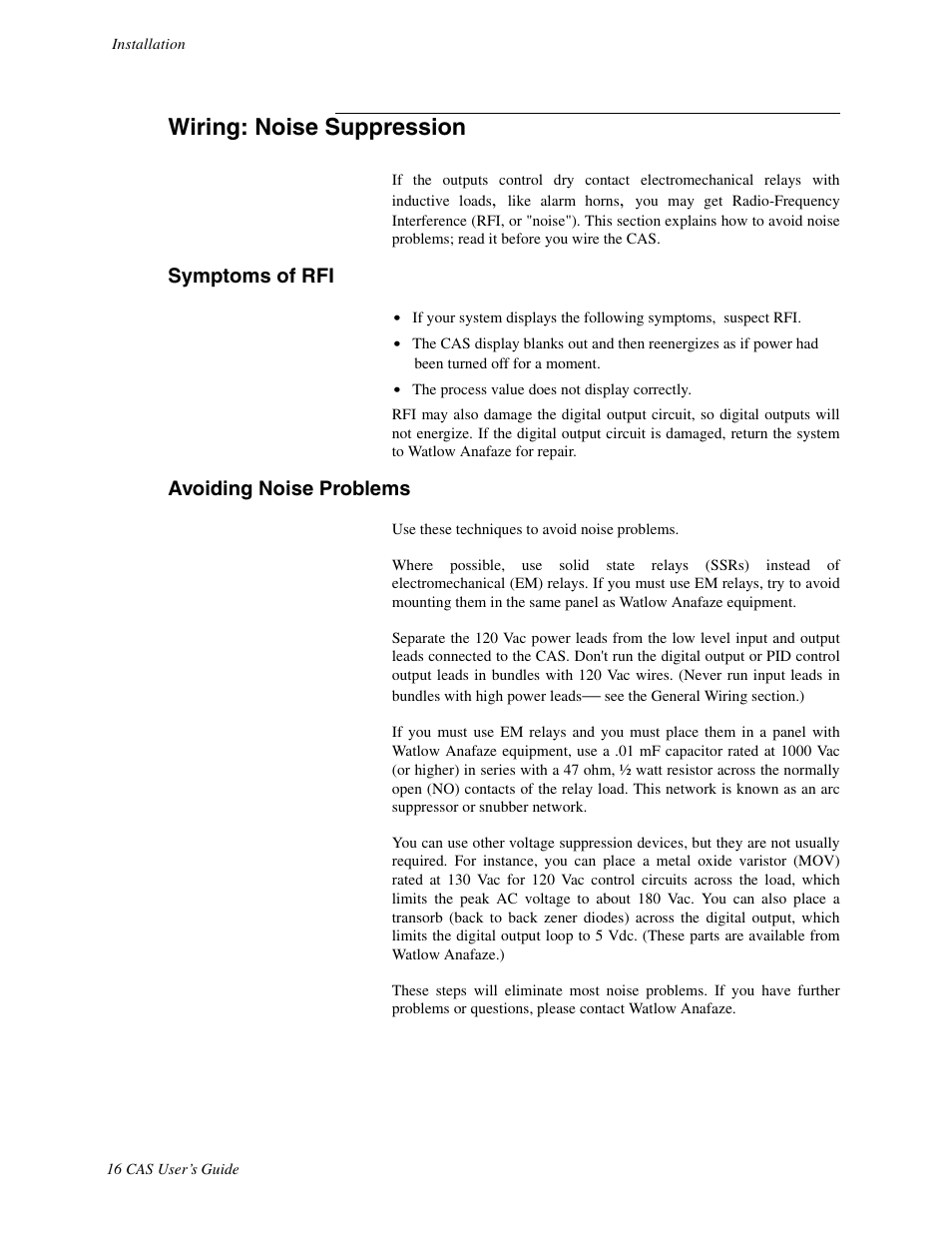 Wiring:noise suppression, Symptoms of rfi, Avoiding noise problems | Wiring: noise suppression | Watlow CAS User Manual | Page 26 / 98