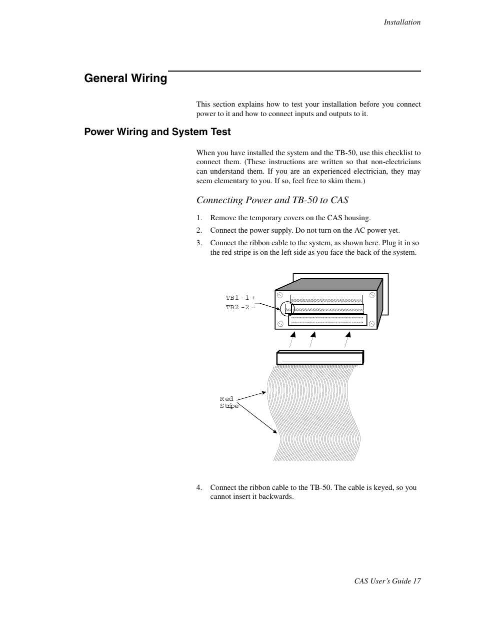 General wiring, Power wiring and system test, Connecting power and tb-50 to cas | Watlow CAS User Manual | Page 27 / 98