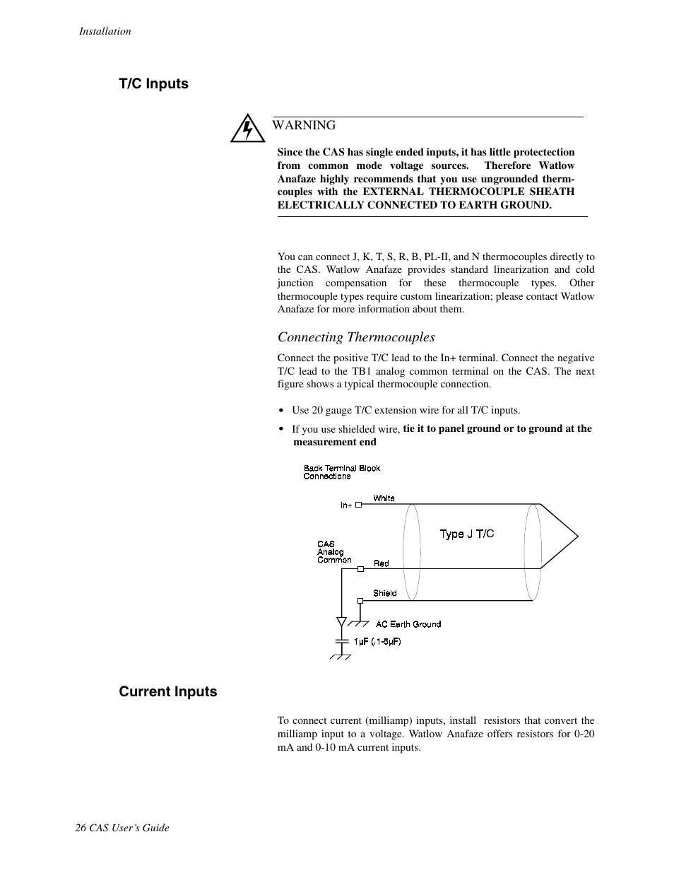 T/c inputs, Current inputs, Connecting thermocouples | Watlow CAS User Manual | Page 36 / 98