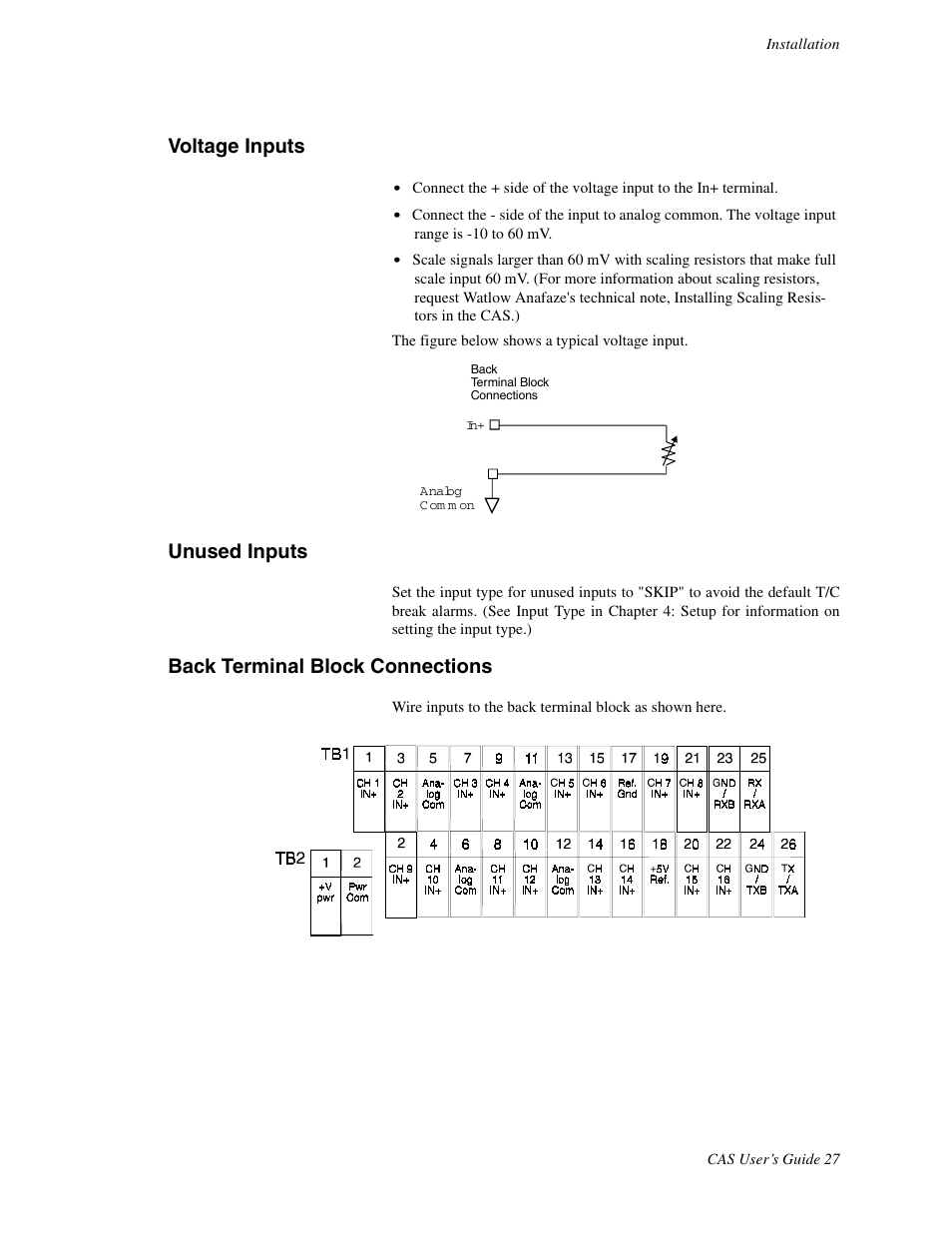 Voltage inputs, Unused inputs, Back terminal block connections | Watlow CAS User Manual | Page 37 / 98