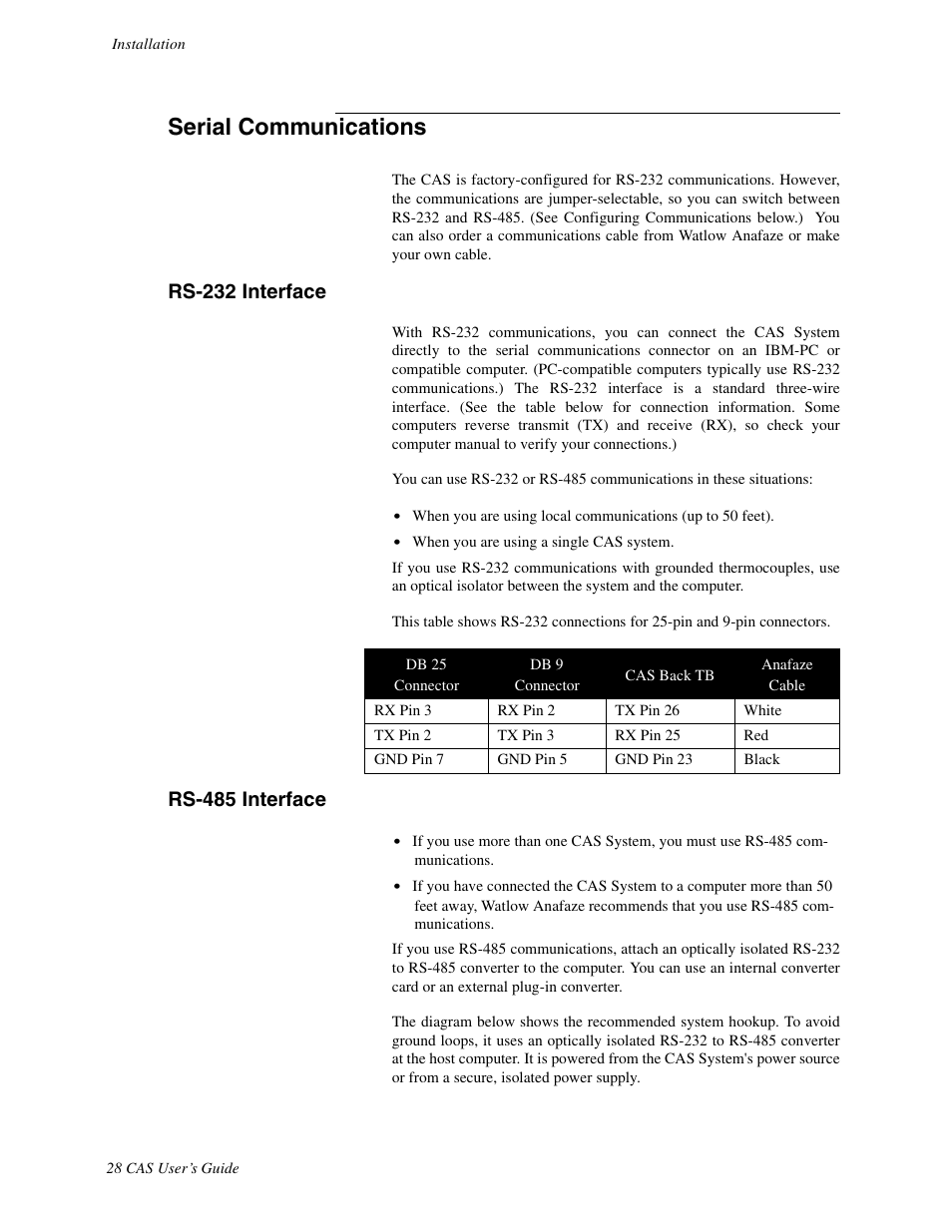 Serial communications, Rs-232 interface, Rs-485 interface | Watlow CAS User Manual | Page 38 / 98