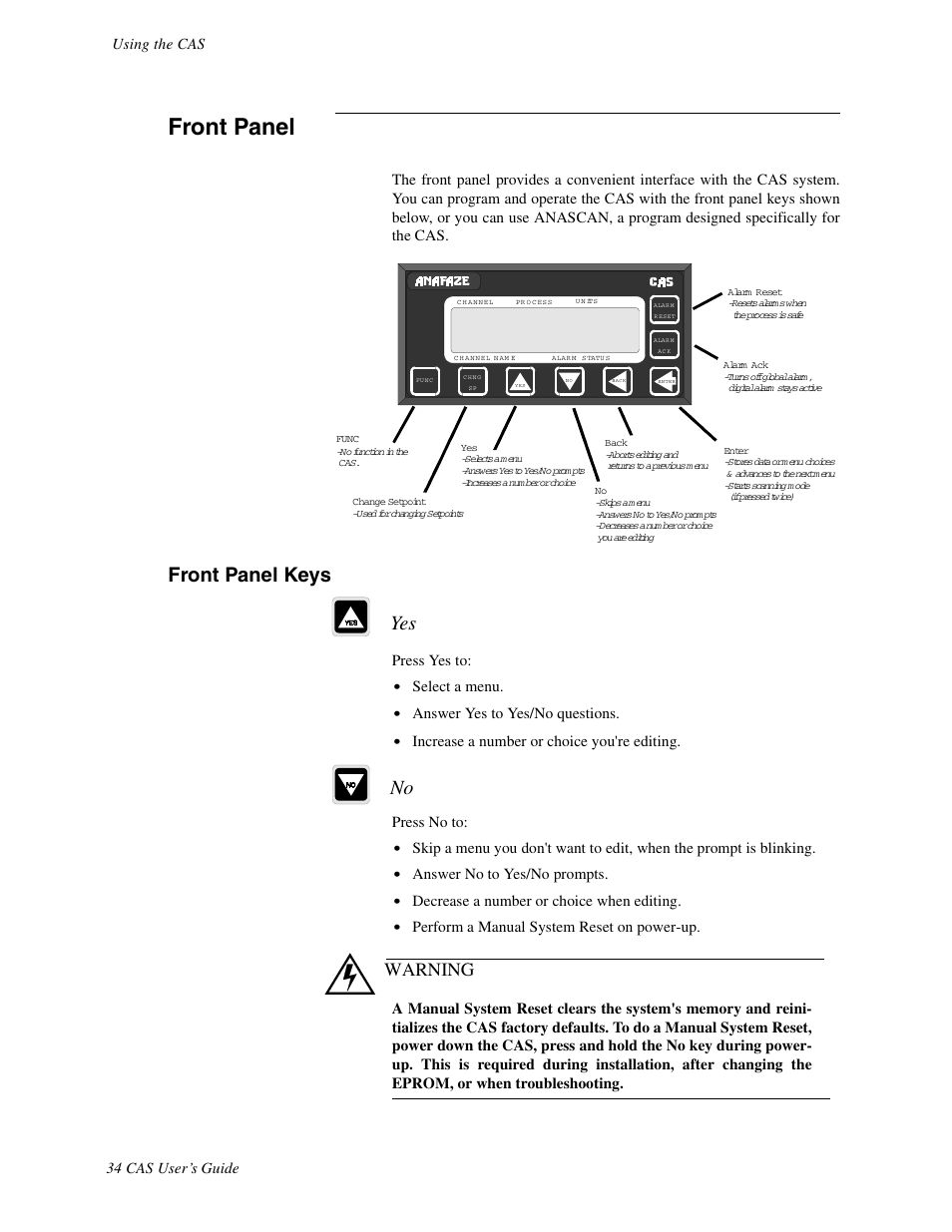 Front panel, Front panel keys, Yes no | Warning | Watlow CAS User Manual | Page 44 / 98