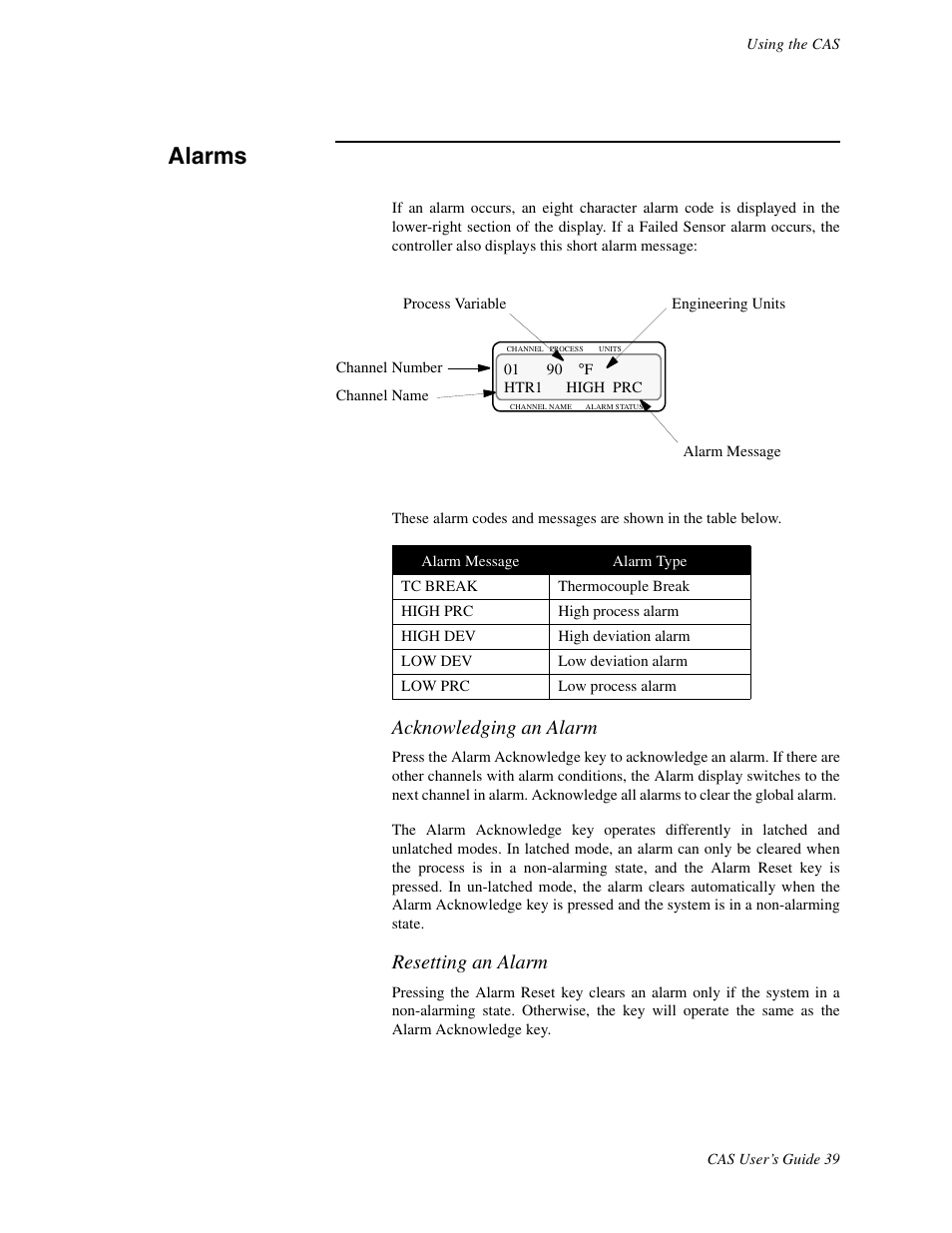 Alarms, Acknowledging an alarm, Resetting an alarm | Watlow CAS User Manual | Page 49 / 98