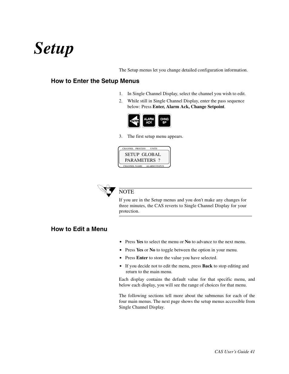 Setup, How to enter the setup menus, How to edit a menu | Watlow CAS User Manual | Page 51 / 98