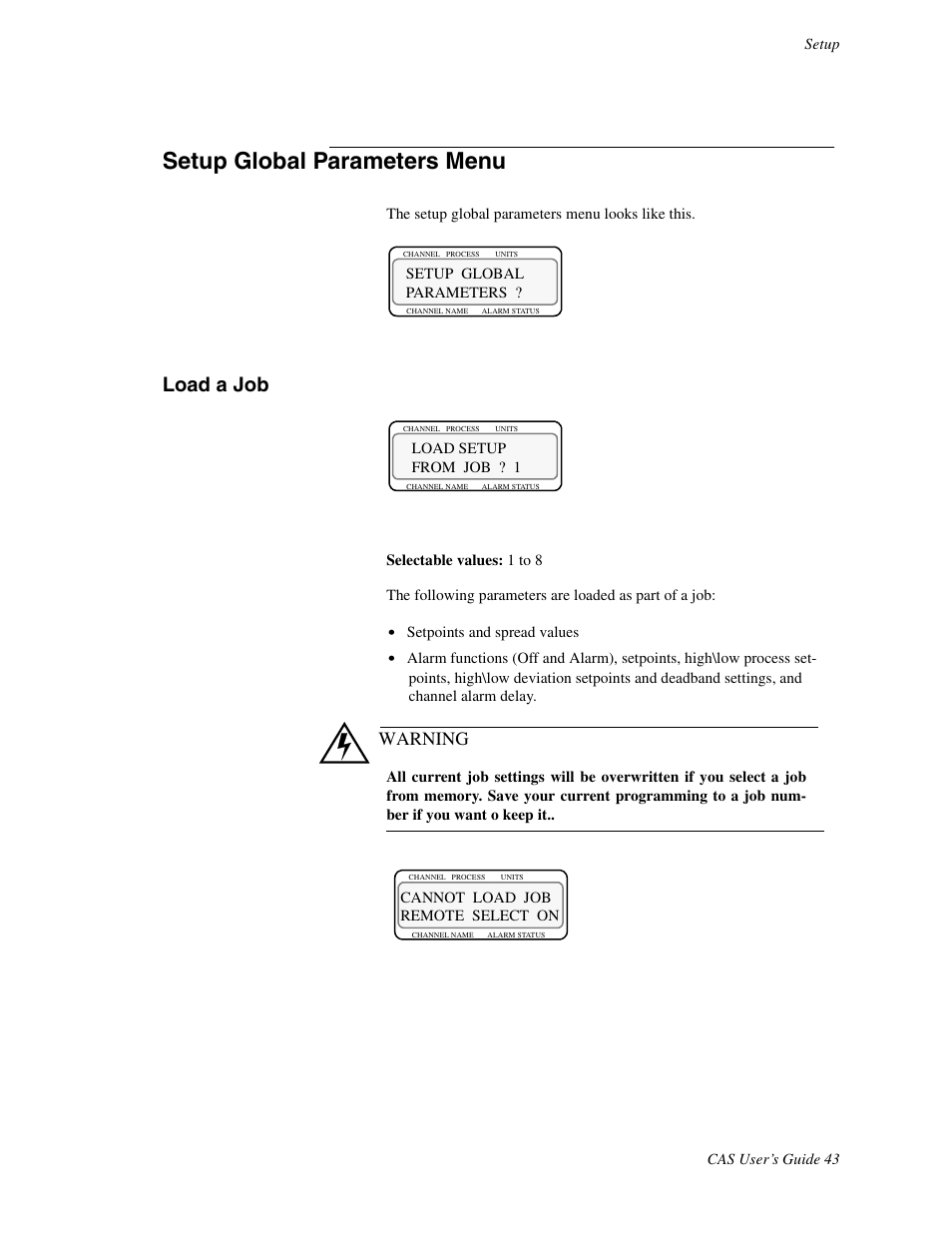 Setup global parameters menu, Load a job, Warning | Watlow CAS User Manual | Page 53 / 98