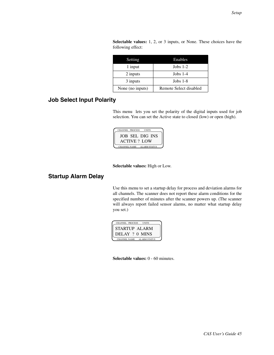 Job select input polarity, Startup alarm delay | Watlow CAS User Manual | Page 55 / 98