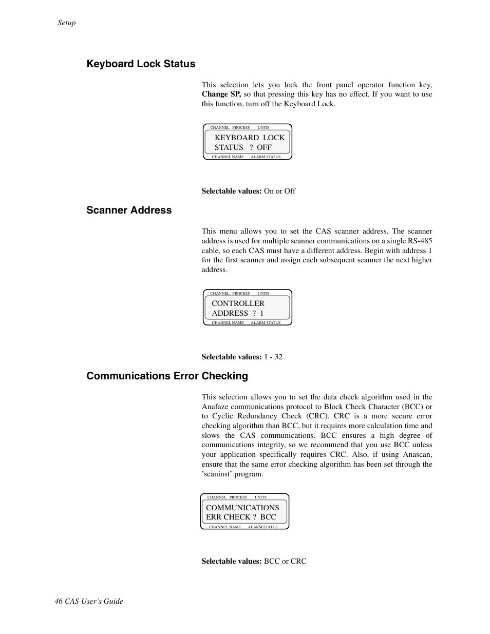 Keyboard lock status, Scanner address, Commnunications error checking | Communications error checking | Watlow CAS User Manual | Page 56 / 98