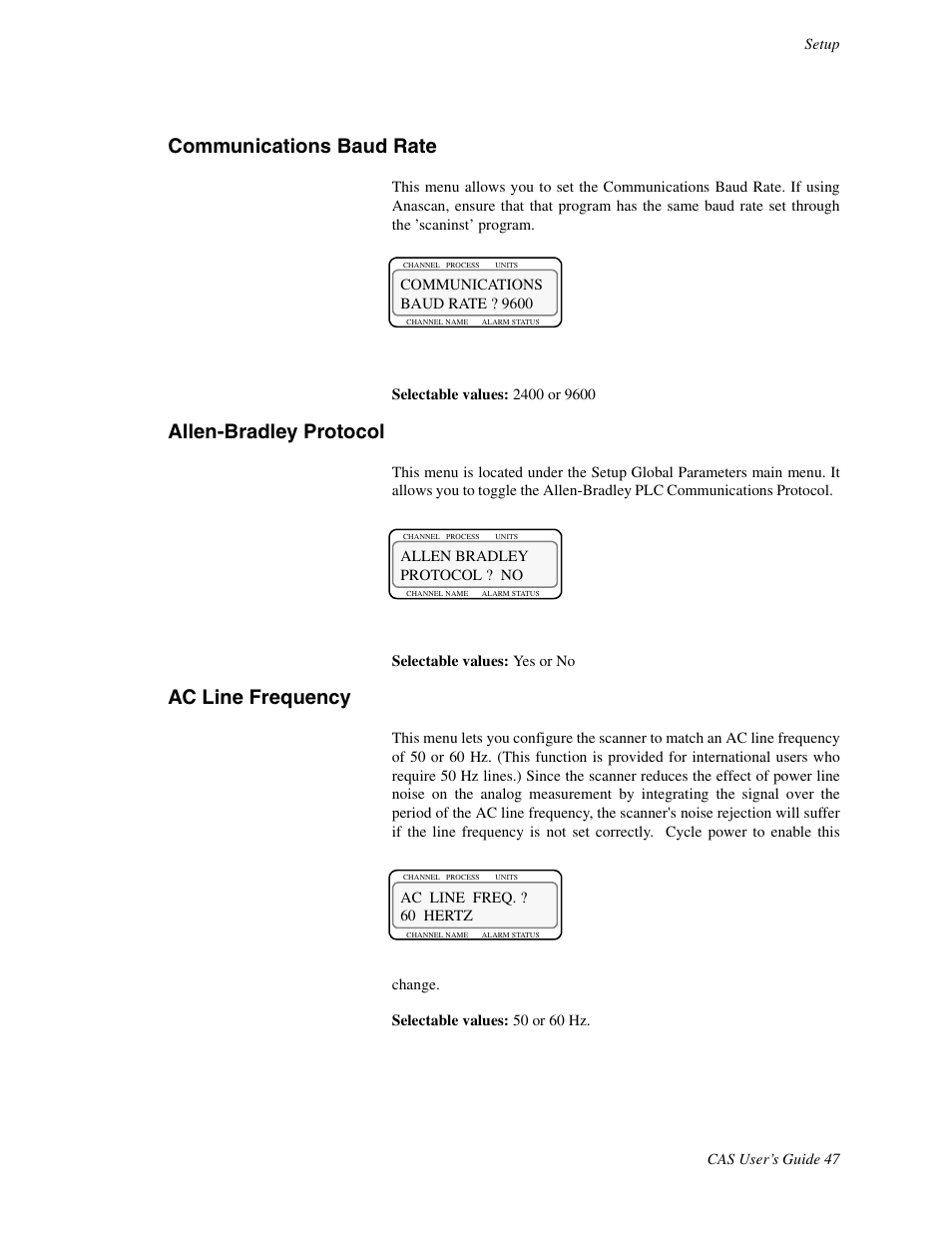 Communications baud rate, Allen-bradley protocol, Ac line frequency | Watlow CAS User Manual | Page 57 / 98