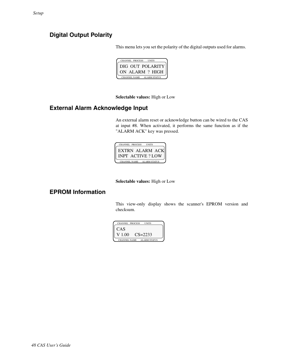 Digital output polarity, External alarm acknowledge input, Eprom information | Watlow CAS User Manual | Page 58 / 98