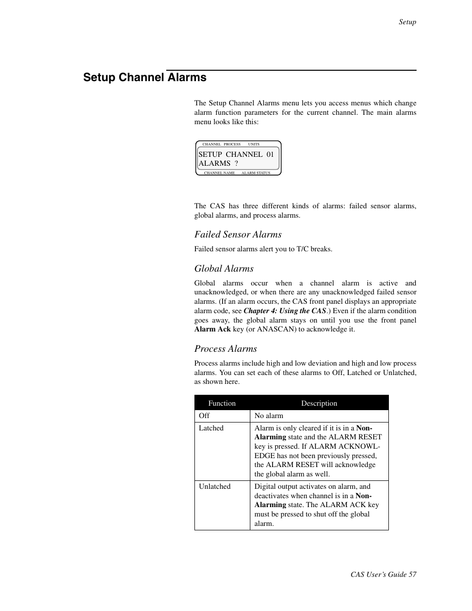 Setup channel alarms, Failed sensor alarms, Global alarms | Process alarms | Watlow CAS User Manual | Page 67 / 98