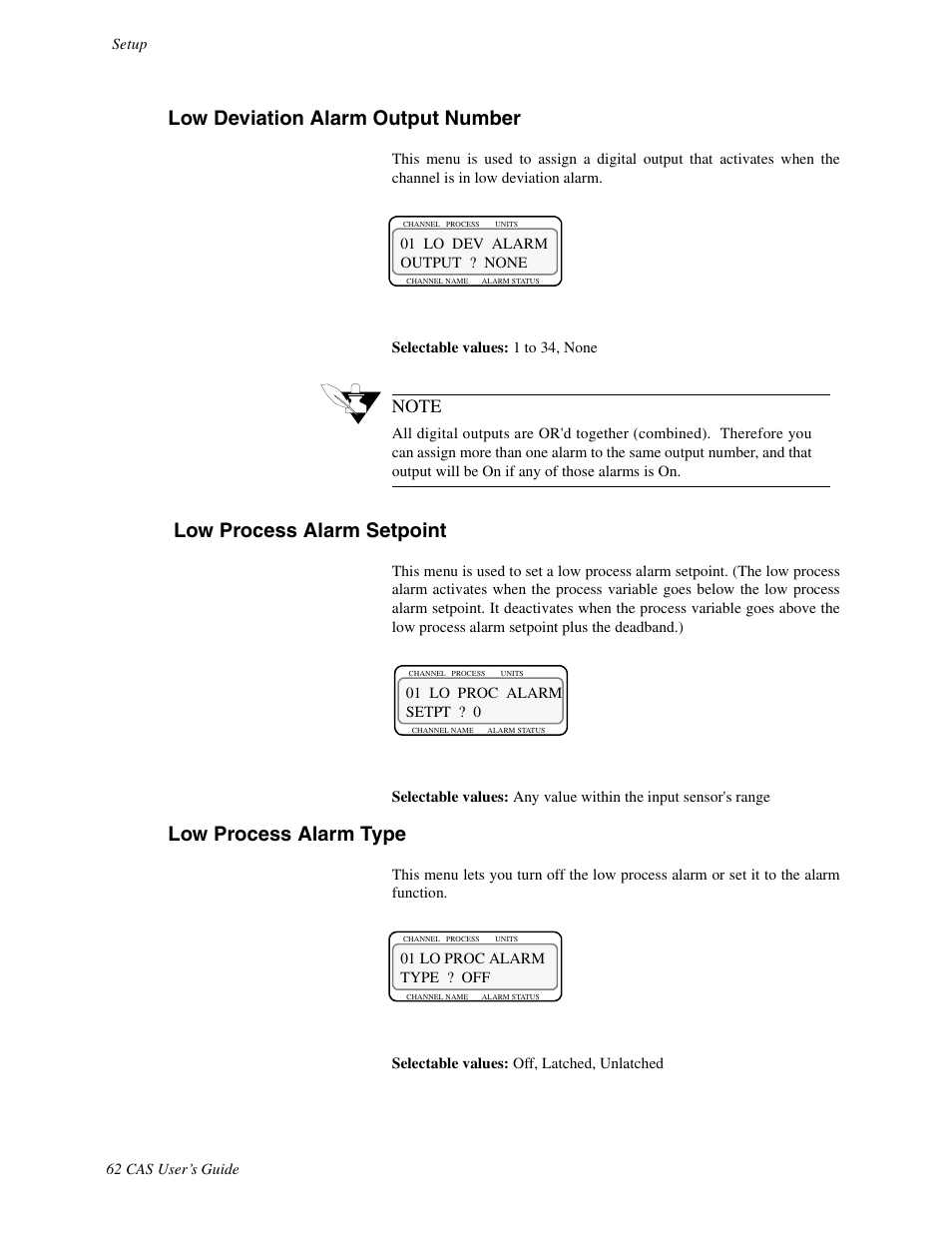 Low deviation alarm output number, Low process alarm setpoint, Low process alarm type | Watlow CAS User Manual | Page 72 / 98
