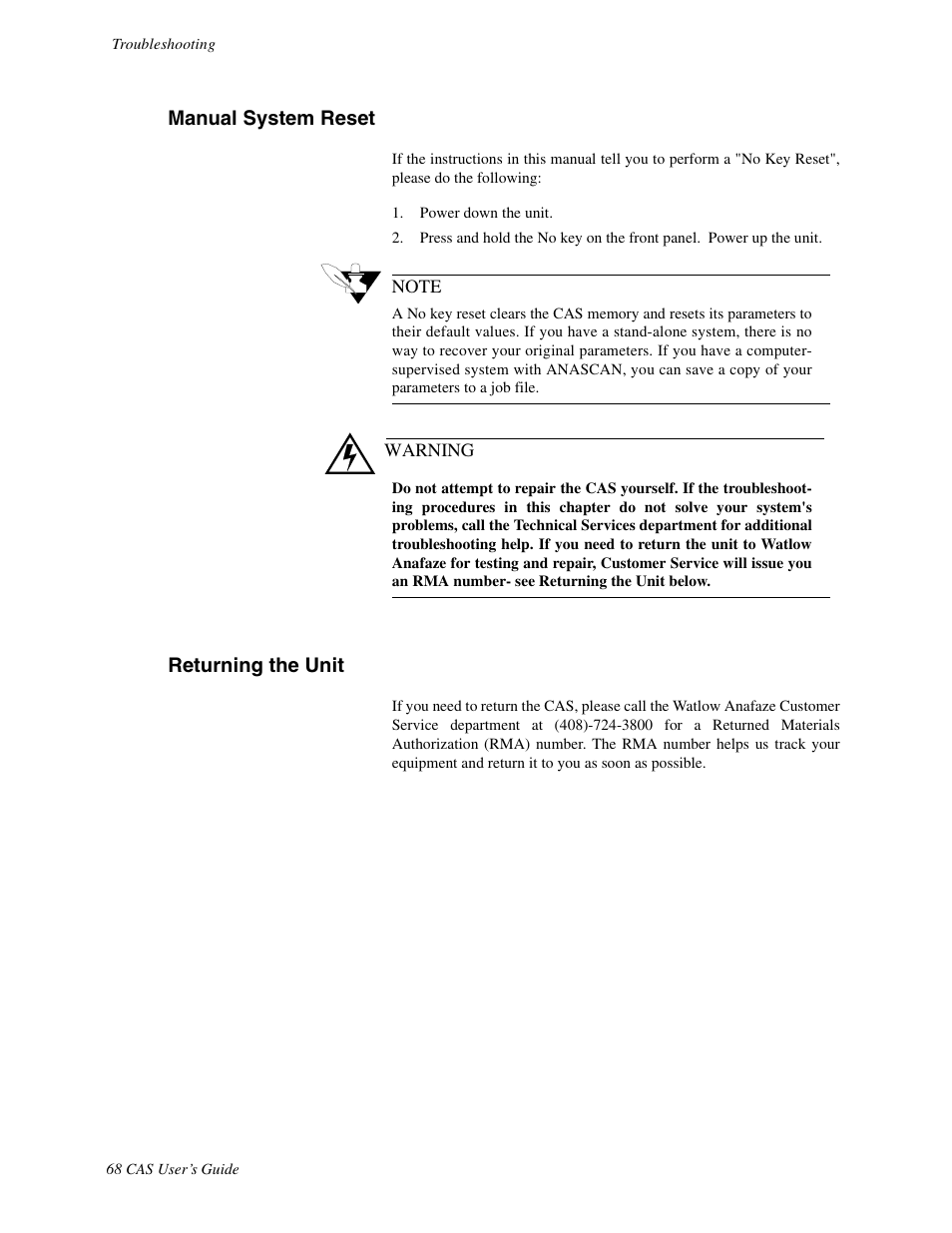 Manual system reset, Returning the unit | Watlow CAS User Manual | Page 78 / 98