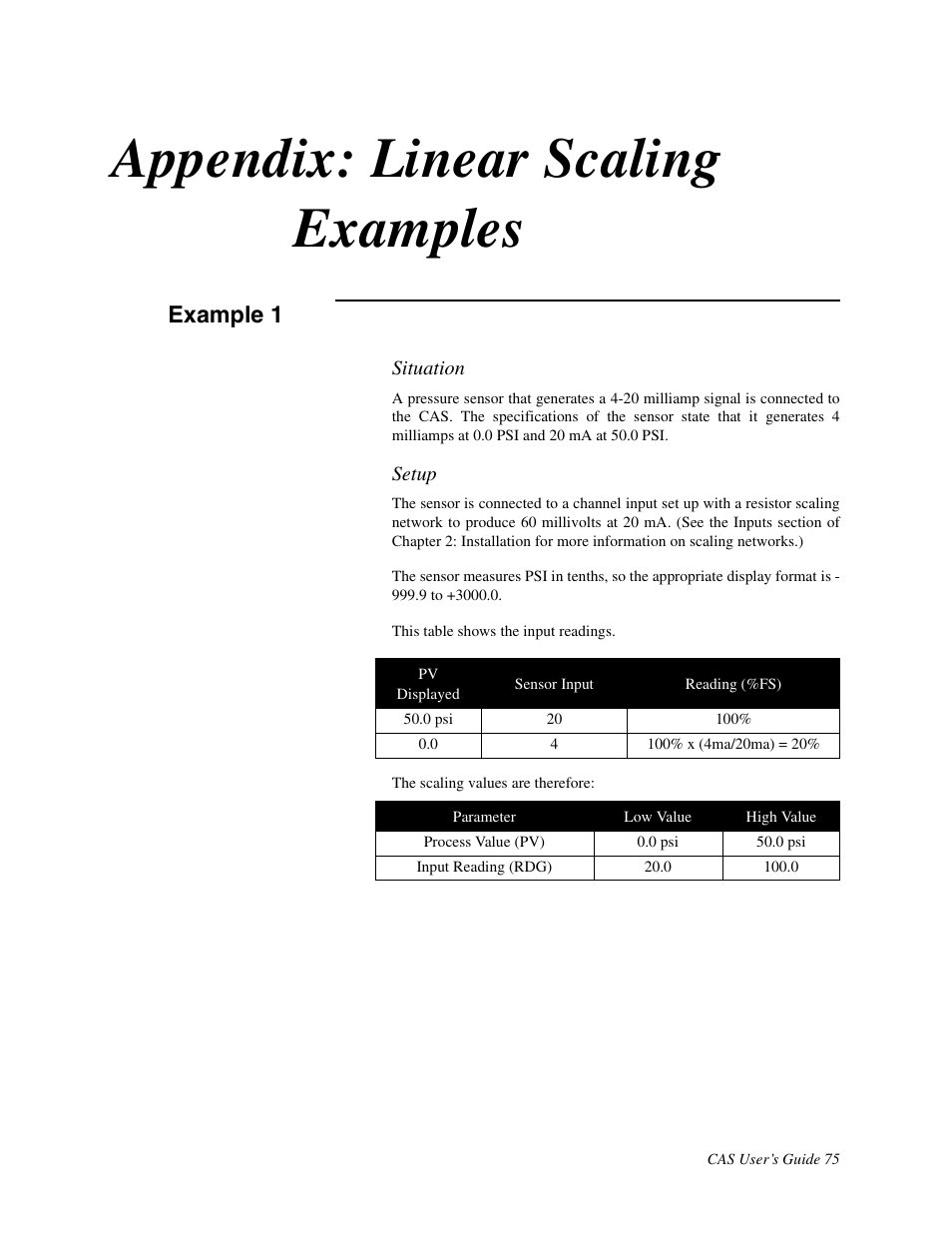 Appendix: linear scaling examples, Example 1 | Watlow CAS User Manual | Page 85 / 98