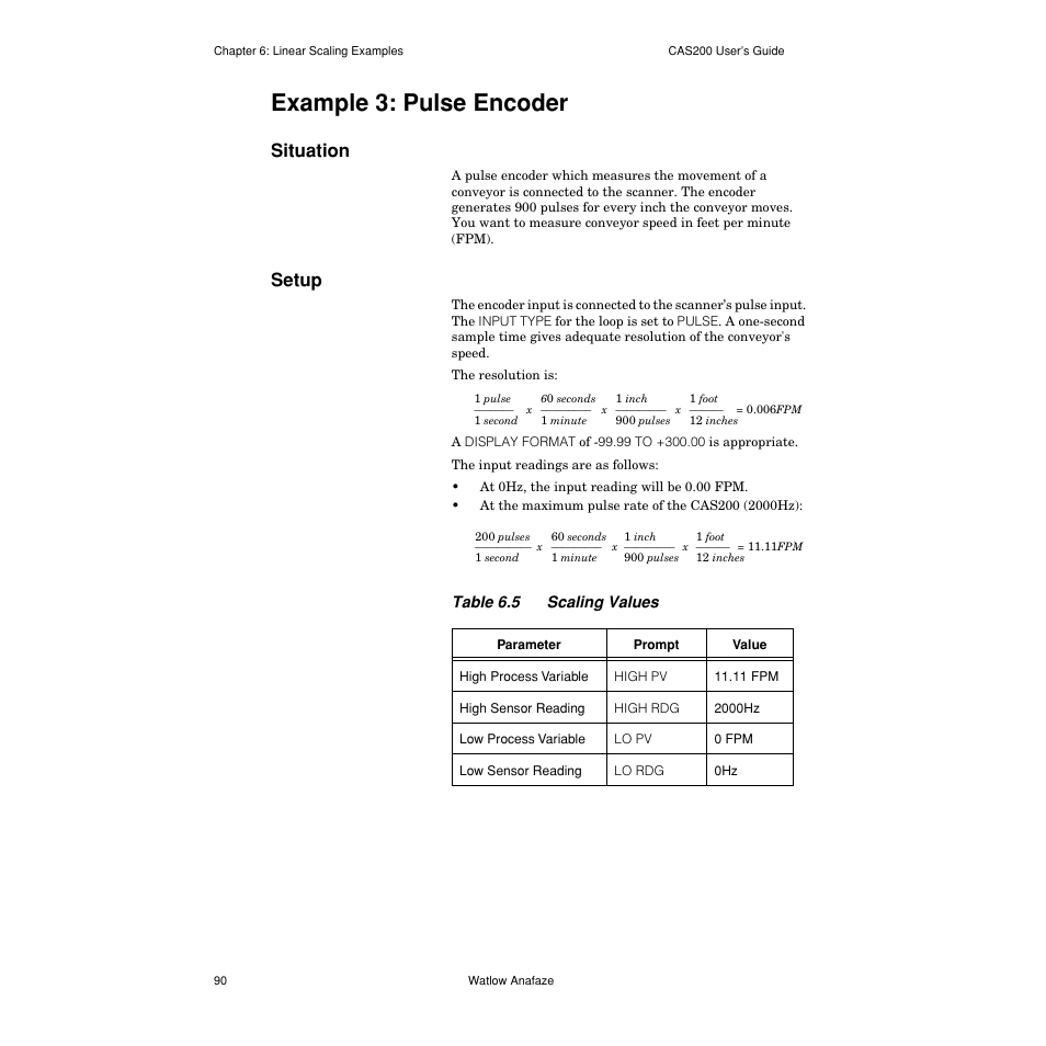 Example 3: pulse encoder, Situation, Setup | Situation 90, Setup 90, Table 6.5— scaling values 90 | Watlow CAS200 User Manual | Page 102 / 124