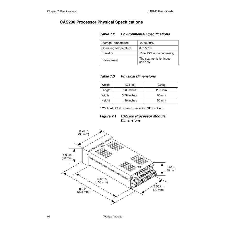 Cas200 processor physical specifications, Cas200 processor physical specifications 92, Figure 7.1— cas200 processor module dimensions 92 | Watlow CAS200 User Manual | Page 104 / 124