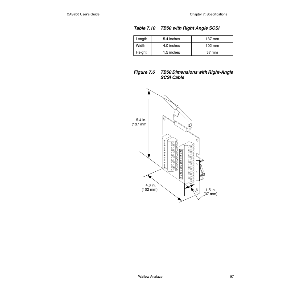 Table 7.10— tb50 with right angle scsi 97 | Watlow CAS200 User Manual | Page 109 / 124