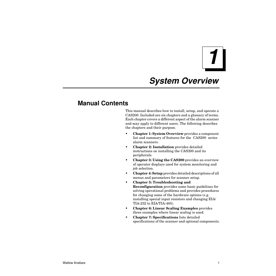 System overview, Manual contents, System overview 1 | Manual contents 1, 1 system overview 1, List of tables | Watlow CAS200 User Manual | Page 13 / 124