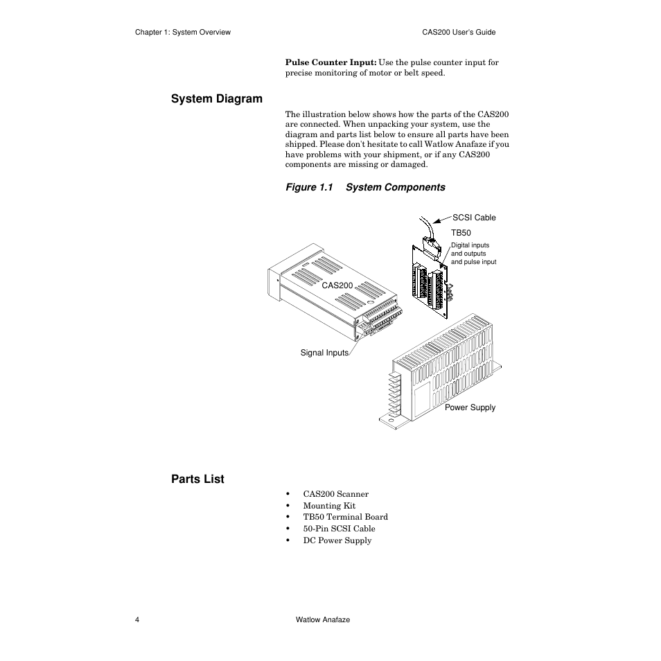 System diagram, Parts list, System diagram 4 | Parts list 4, Figure 1.1— system components 4 | Watlow CAS200 User Manual | Page 16 / 124