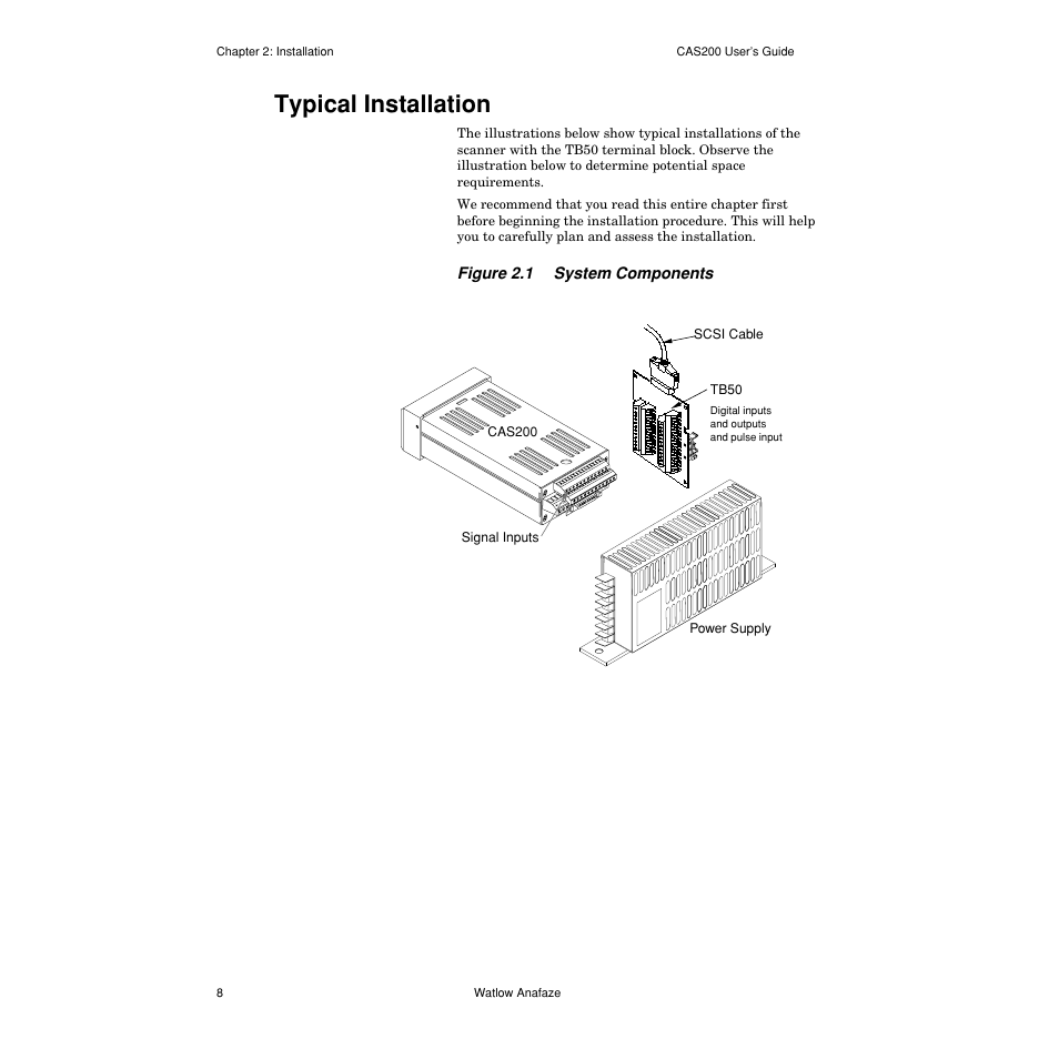 Typical installation, Typical installation 8, Figure 2.1— system components 8 | Watlow CAS200 User Manual | Page 20 / 124