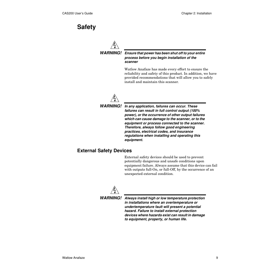 Safety, External safety devices, Safety 9 | External safety devices 9 | Watlow CAS200 User Manual | Page 21 / 124