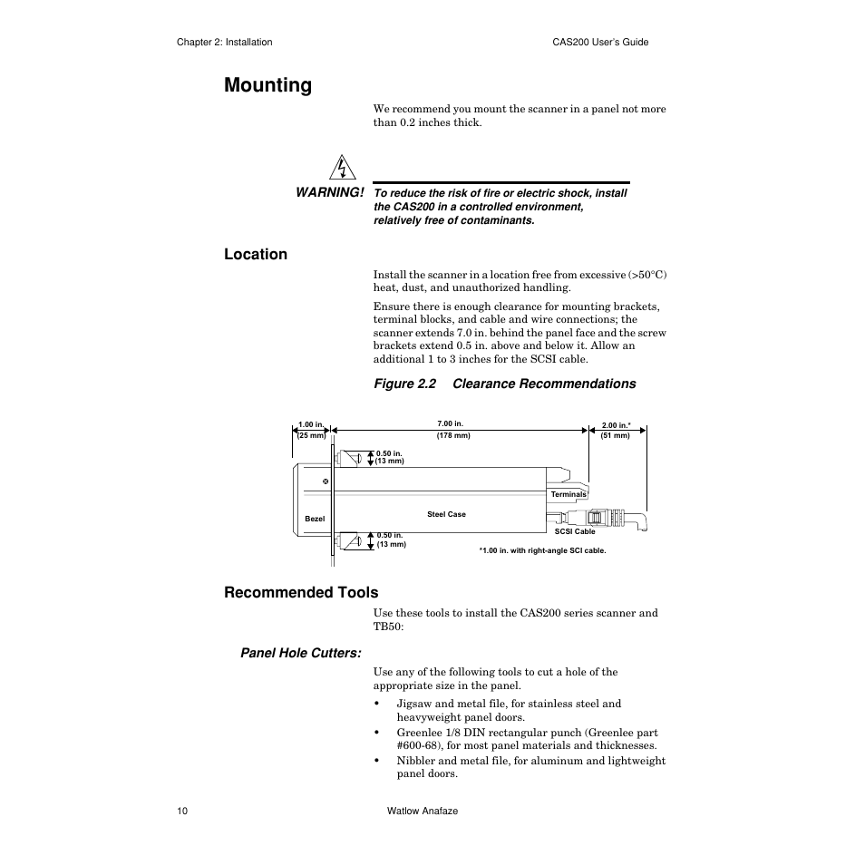 Mounting, Location, Recommended tools | Panel hole cutters, Mounting 10, Location 10, Recommended tools 10, Figure 2.2— clearance recommendations 10 | Watlow CAS200 User Manual | Page 22 / 124