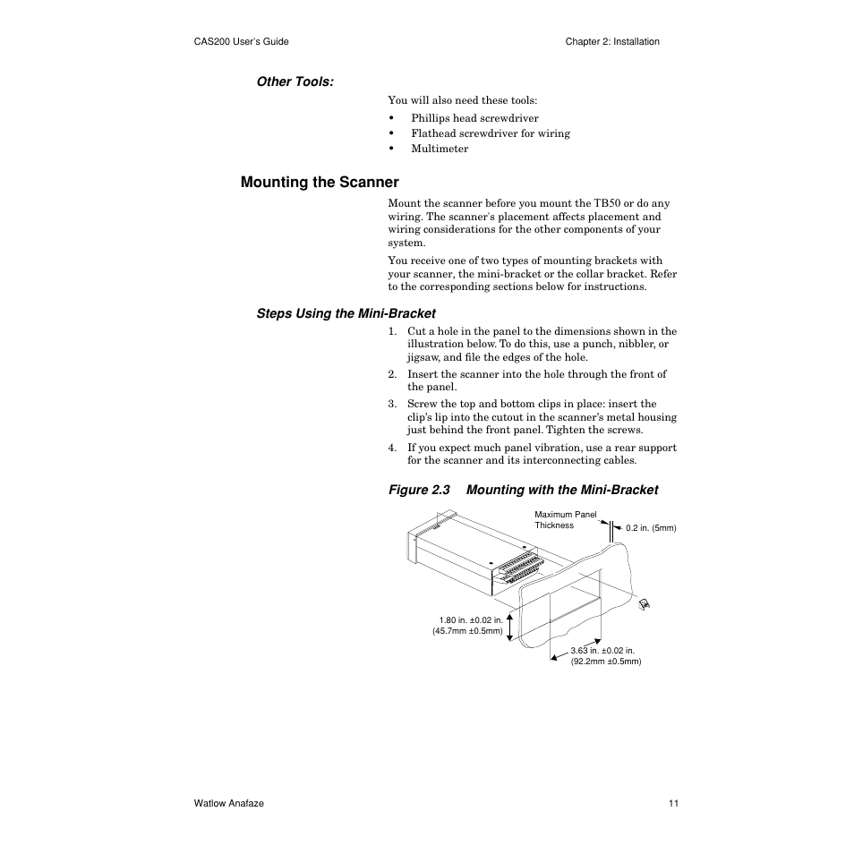 Other tools, Mounting the scanner, Steps using the mini-bracket | Mounting the scanner 11, Figure 2.3— mounting with the mini-bracket 11 | Watlow CAS200 User Manual | Page 23 / 124