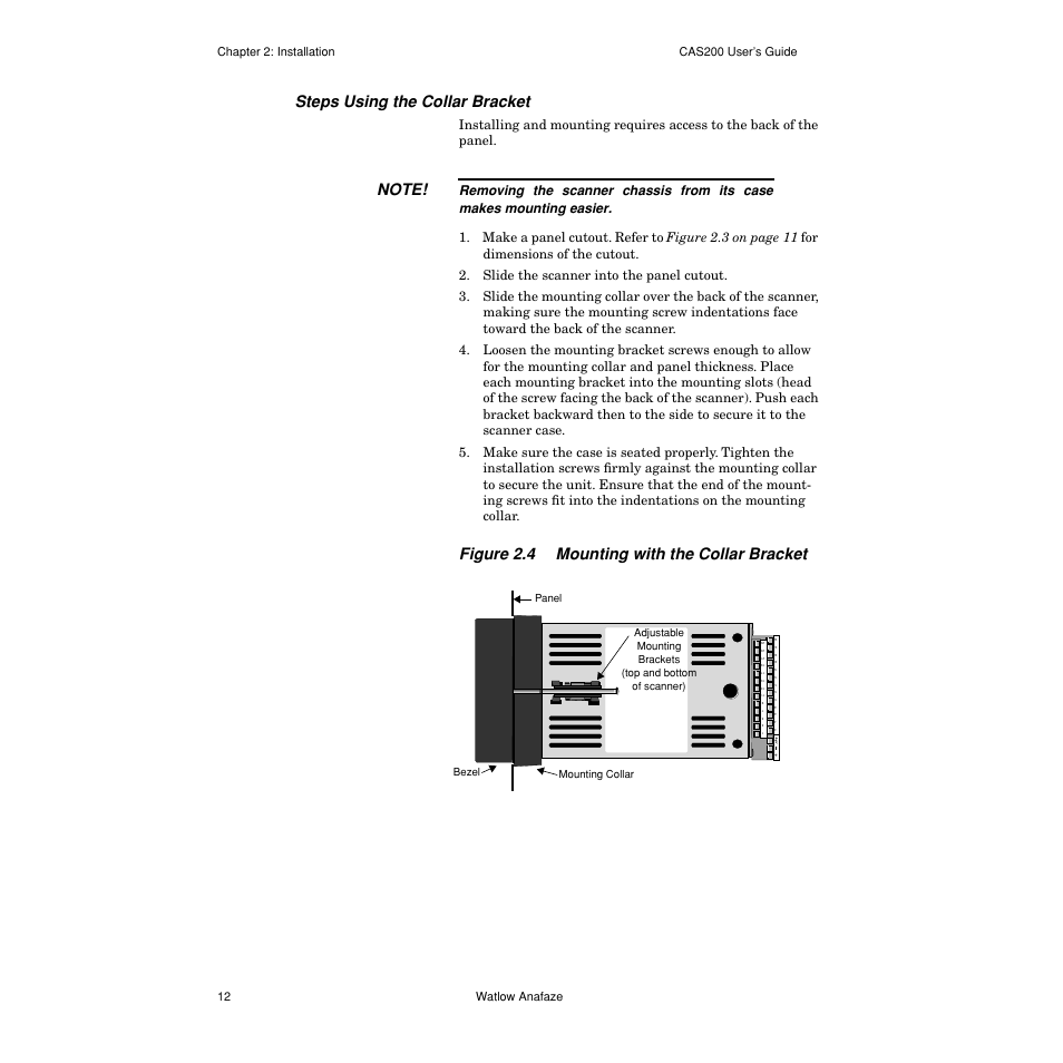 Steps using the collar bracket, Figure 2.4— mounting with the collar bracket 12, Figure 2.4 mounting with the collar bracket | Watlow CAS200 User Manual | Page 24 / 124