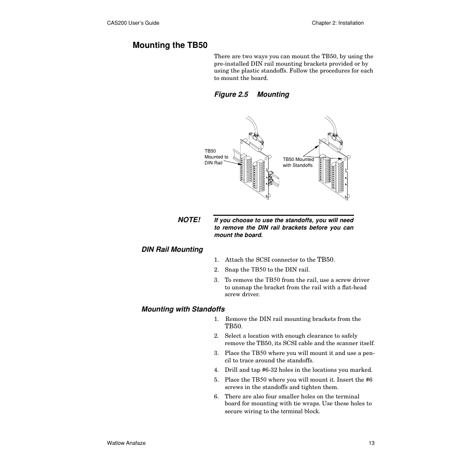Mounting the tb50, Din rail mounting, Mounting with standoffs | Mounting the tb50 13, Figure 2.5— mounting 13 | Watlow CAS200 User Manual | Page 25 / 124