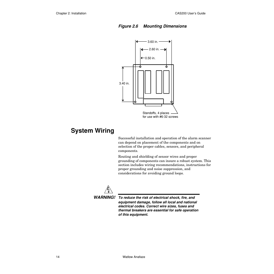 System wiring, System wiring 14, Figure 2.6— mounting dimensions 14 | Watlow CAS200 User Manual | Page 26 / 124