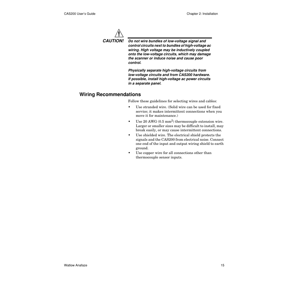 Wiring recommendations, Wiring recommendations 15 | Watlow CAS200 User Manual | Page 27 / 124
