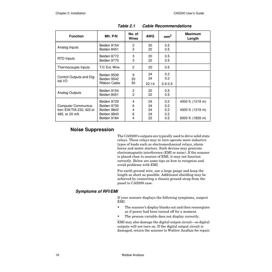 Noise suppression, Symptoms of rfi/emi, Noise suppression 16 | Table 2.1— cable recommendations 16 | Watlow CAS200 User Manual | Page 28 / 124